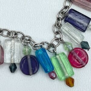 Vintage Y2K Glass Bead Charm Bracelet Silver Tone Toggle Clasp Aesthetic Jewelry